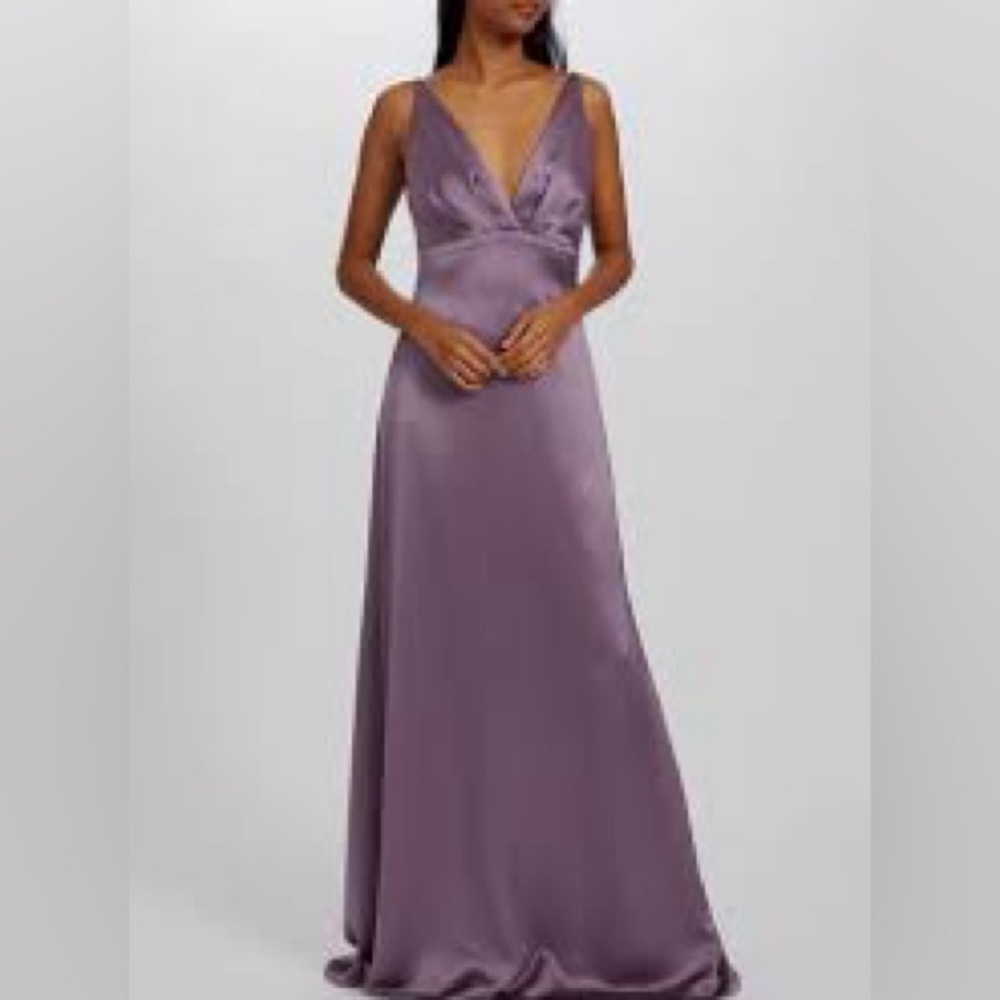 NWOT Amsale Bridesmaid Satin Violet Maxi Slip Dress Livia Spaghetti Strap 12